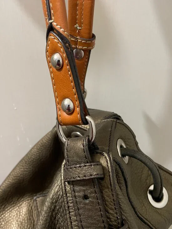 Isaac Mizrahi Live Olive Green Leather Drawstring Shoulder Bag Hobo - Picture 6 of 16